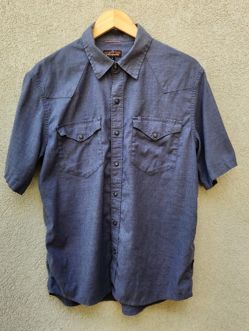 PATAGONIA Men’s Western Snap Shirt Medium Blue Hemp Short Sleeve Logo